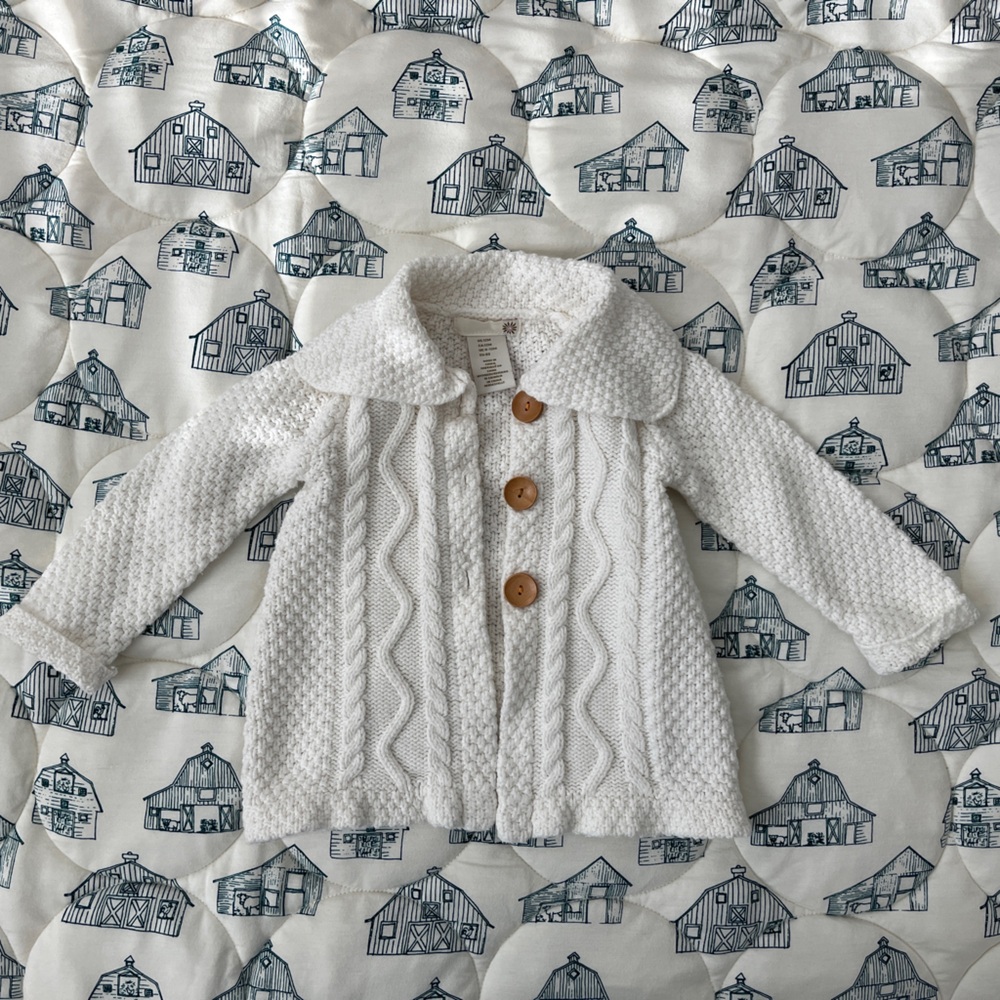 H&M White Cable Knit Baby Cardigan with Wooden Buttons